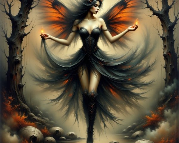 Mystical figure in dark gown with shimmering wings