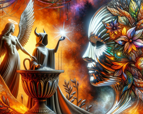 Surreal Scene of Angel and Cloaked Figure at Altar