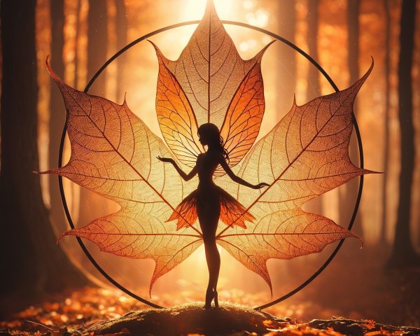 Fairy Silhouette in Autumn Forest with Maple Leaf