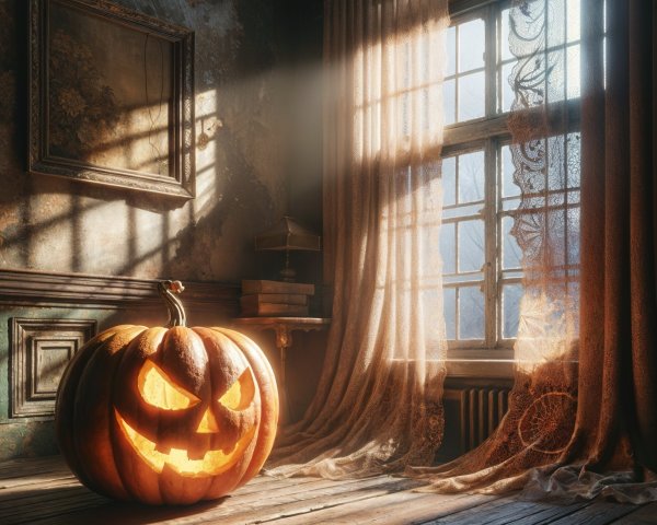 Vintage Room with Carved Pumpkin and Eerie Shadows