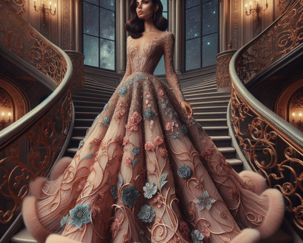 Elegant gown with floral designs and voluminous skirt