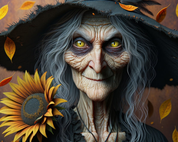 Aged witch with sunflower and autumn leaves backdrop