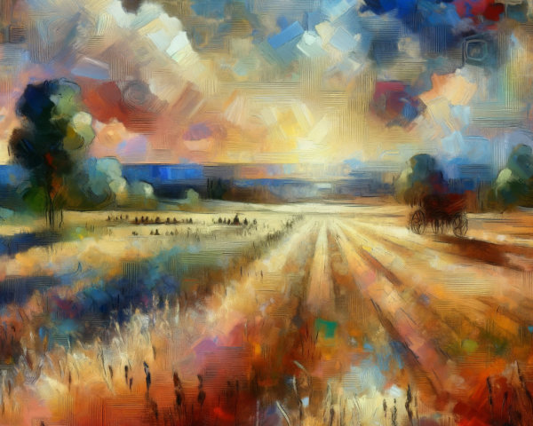 Vibrant Landscape with Rolling Fields and Carriage