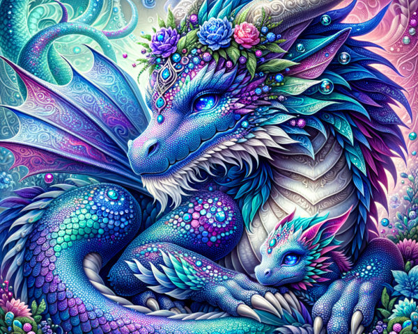 Vibrant Jewel-Toned Mother Dragon and Baby Artwork