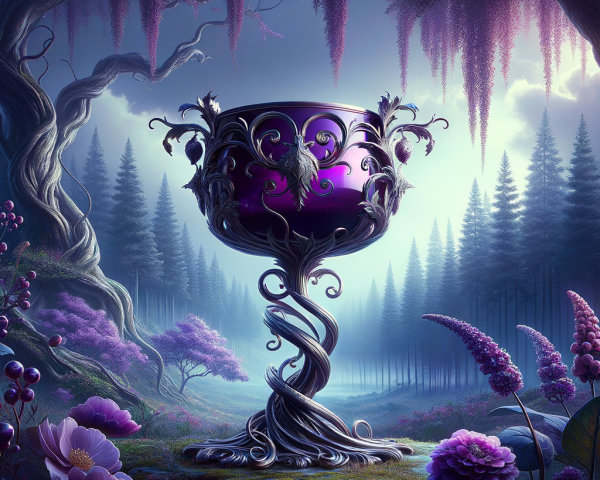 Ornate Chalice in a Mystical Forest Setting
