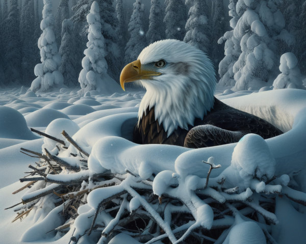 Bald Eagle in Snowy Nest Amidst Winter Landscape