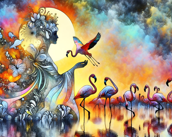 Mystical Figure Amidst Flamingos at Sunset Scene
