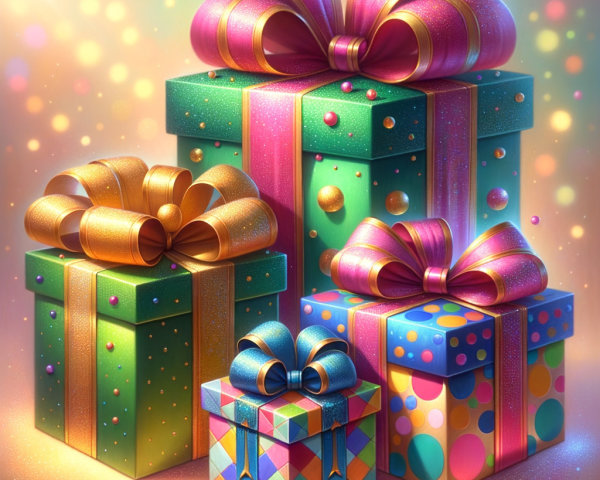 Colorful Gift Boxes with Decorative Bows in Glittering Scene