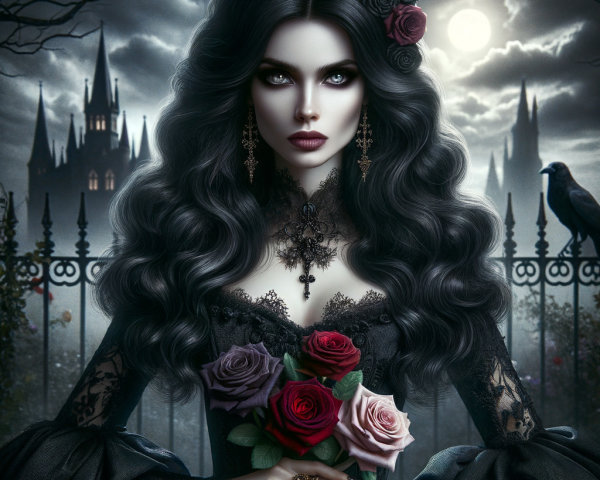 Mysterious Woman in Gothic Setting with Roses