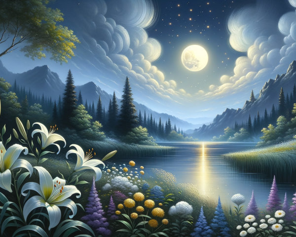 Serene Moonlit Landscape with Lake and Mountains