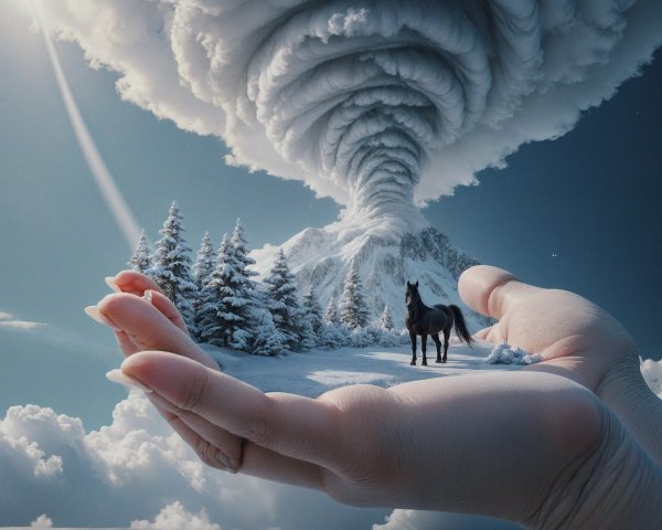 Ethereal Hand Cradles Snowy Landscape with Horse
