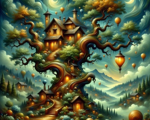 Whimsical Tree City in a Mystical Twilight Landscape