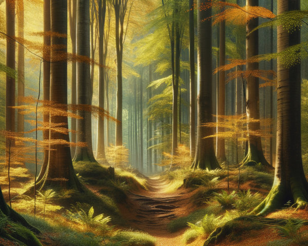 Serene forest scene with golden leaves and sunlight