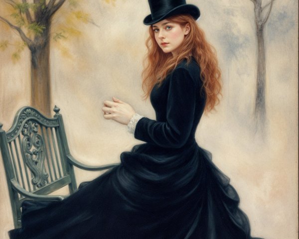 Young Woman in Victorian Dress in Misty Outdoor Scene