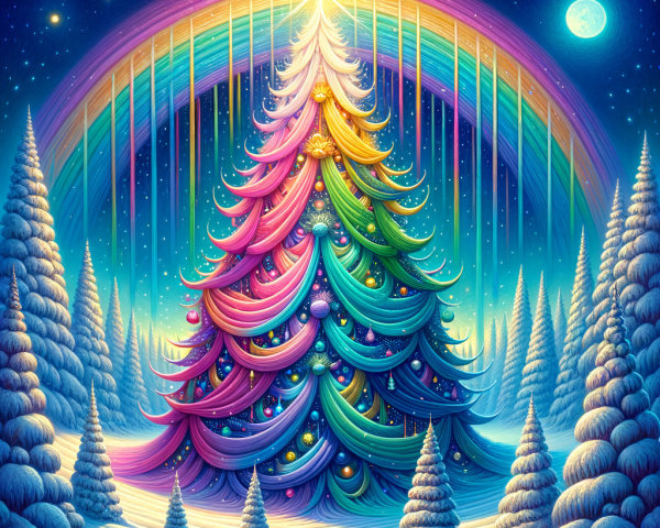 Colorful Christmas Tree in Snowy Landscape with Stars