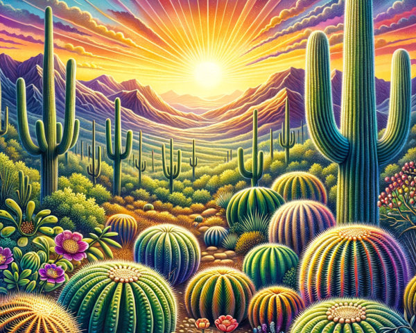 Vibrant Desert Landscape at Sunrise with Cacti and Mountains