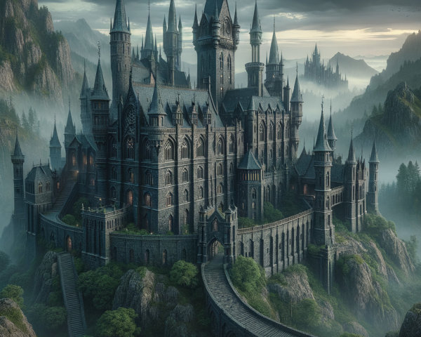 Medieval Castle on Misty Mountain Landscape