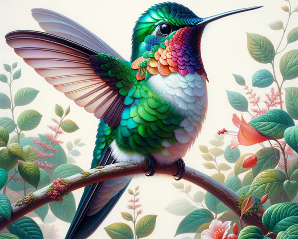 Vibrant Hummingbird on Branch with Lush Greenery