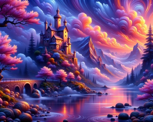 Vibrant Fantasy Landscape with Majestic Castle and River