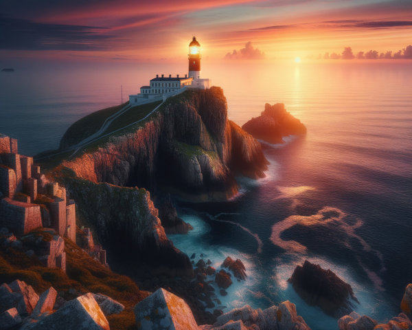Lighthouse on Cliff with Sunset and Ocean Waves