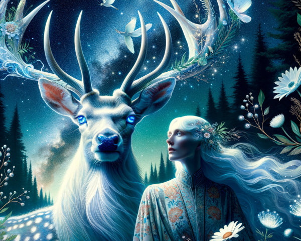 Majestic White Stag and Woman in Starry Night Scene