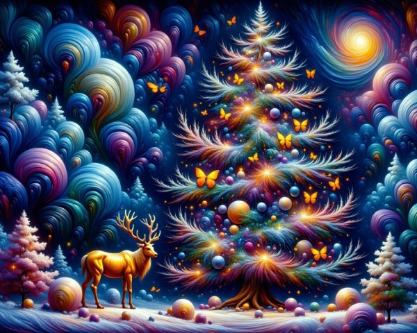 Surreal Winter Scene with Whimsical Christmas Tree