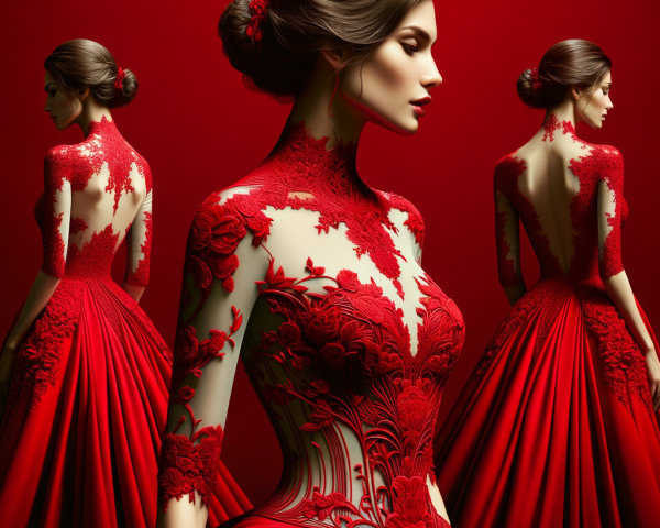Red Gown with Floral Lace Detailing in Fashion Scene