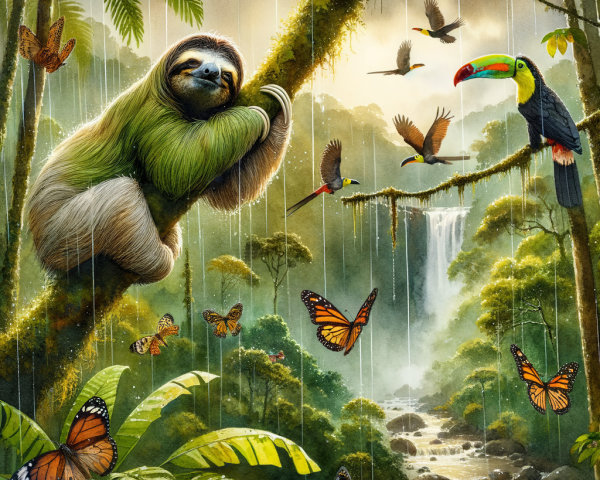 Sloth in Tropical Rainforest with Waterfall and Wildlife