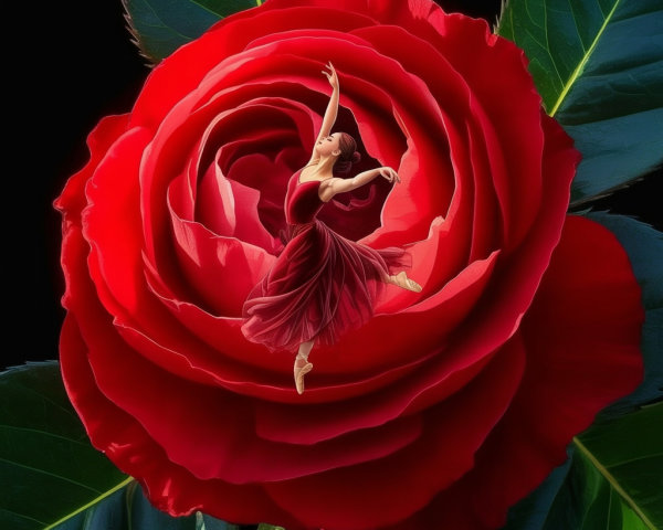 Ballet Dancer Leaping on a Vibrant Red Rose