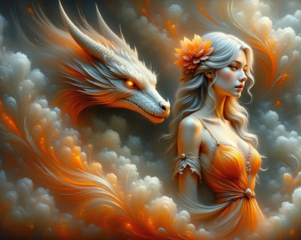 Mystical Scene with Woman in Orange Gown and Dragon