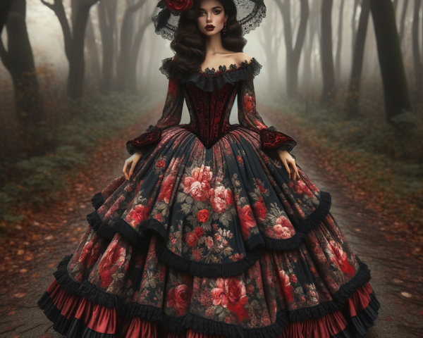 Elegant figure in floral gown in misty forest