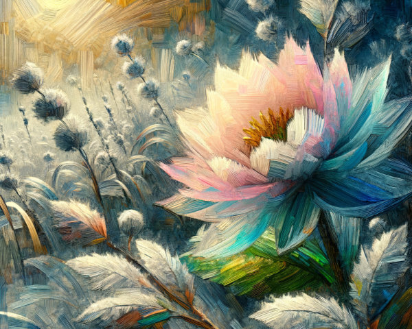 Serene landscape with delicate pink and blue flower