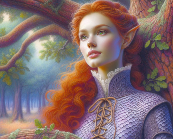 Elf with Red Hair in Serene Forest Setting