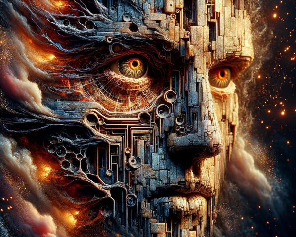 Surreal Humanoid Face of Wood, Metal, and Circuits