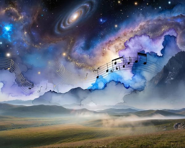 Vibrant Galaxy and Musical Notes Over Misty Landscape