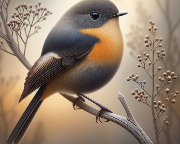 Plump bird on branch with muted buds and soft colors