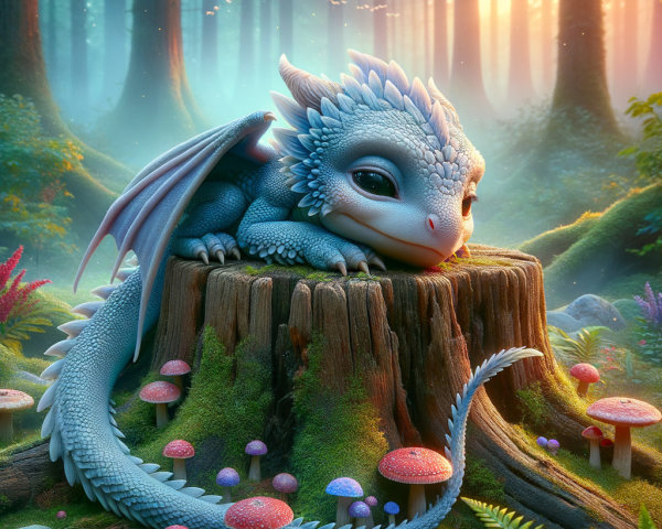 Small dragon on mossy stump in enchanted forest