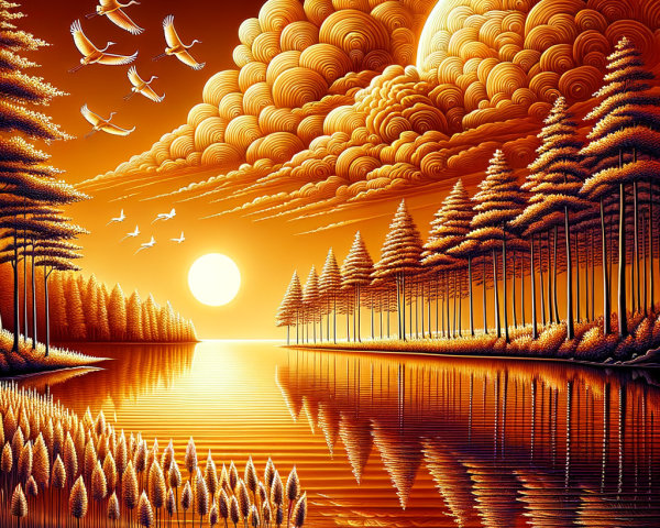 Tranquil Sunset Over Calm River and Lush Trees