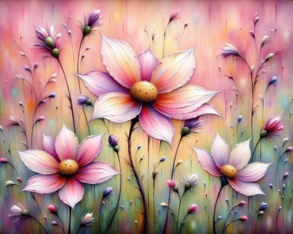 Vibrant Floral Painting with Soft Pink Blossoms