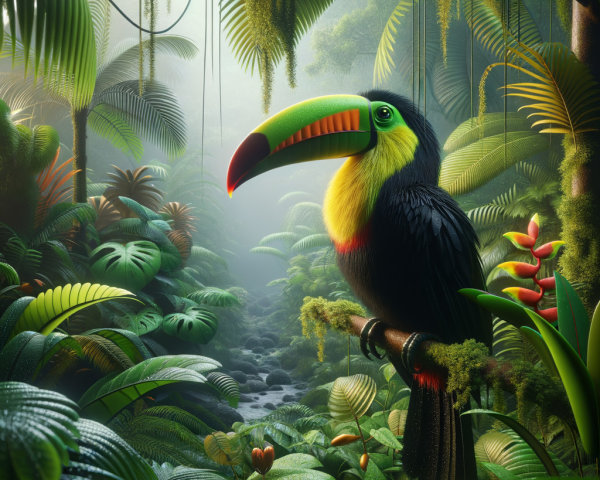 Toucan on Mossy Branch in Lush Jungle Setting