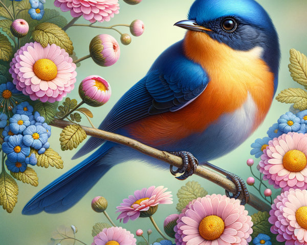Vibrant Blue Bird on Branch with Colorful Flowers