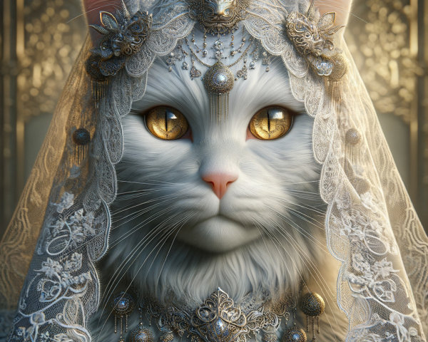 Elegant white cat with golden eyes and lace veil