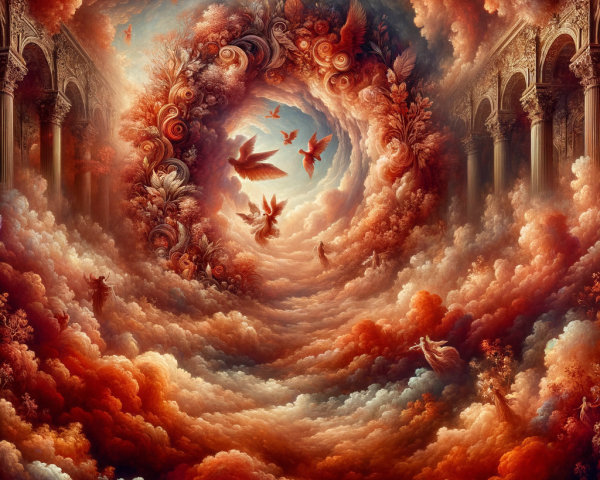 Ethereal Scene with Ornate Arch and Swirling Clouds
