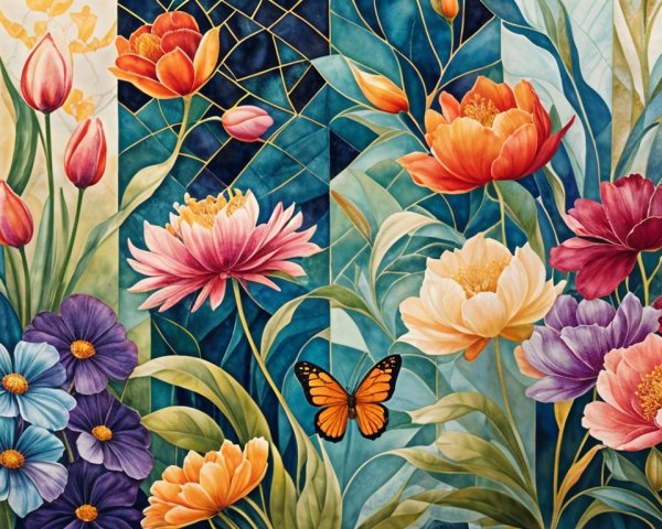 Vibrant Floral Tapestry with Butterfly and Green Leaves