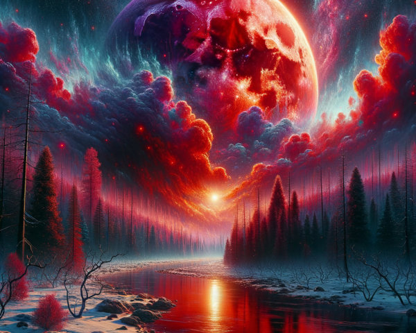 Vibrant Cosmic Landscape with Fiery Planet and River