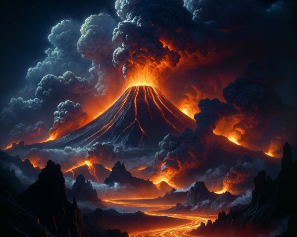 Nighttime Volcanic Eruption with Lava and Ash Clouds