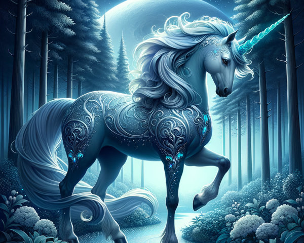 Majestic unicorn in a mystical forest at night