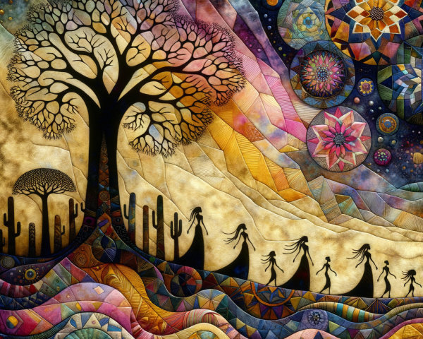 Vibrant Abstract Landscape with Stylized Tree and Figures