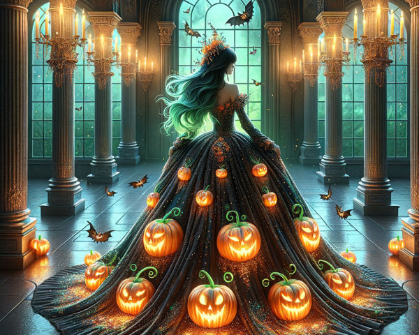 Elaborate Gown with Pumpkins in Dimly Lit Hall