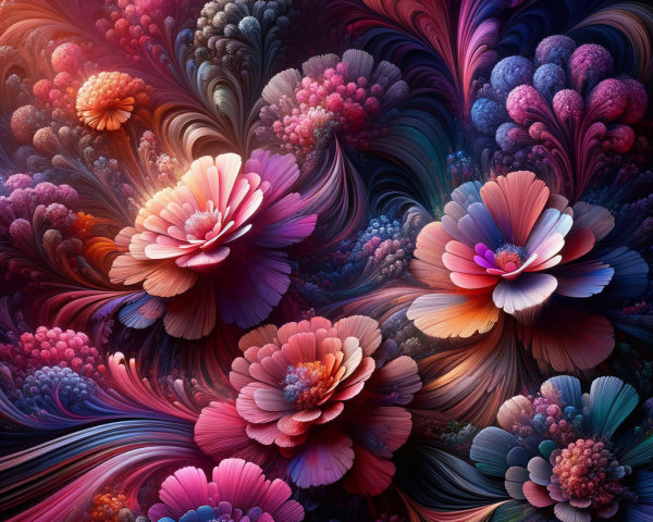 Vibrant Fractal Composition of Multicolored Flowers